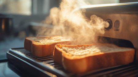 A close-up of a retro-style toaster with freshly toasted bread slices emerging, steam rising.の素材