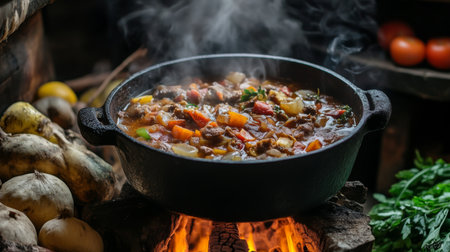 A rustic cast-iron pot filled with a hearty stew, bubbling over an open flame, surrounded by fresh produce.の素材