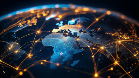 A global network of news connections, with glowing lines linking different countries.の素材