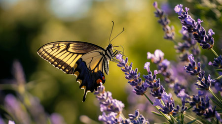 A swallowtail butterfly drinking nectar from a lavender flower, surrounded by lush greenery.の素材