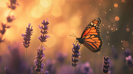 A close-up of a monarch butterfly sipping nectar from a lavender blossom, with a dreamy bokeh background.の素材