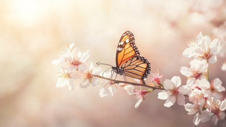 A soft-focus image of a butterfly feeding on a delicate cherry blossom branch in springtime.の素材