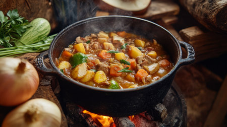 A rustic cast-iron pot filled with a hearty stew, bubbling over an open flame, surrounded by fresh produce.の素材