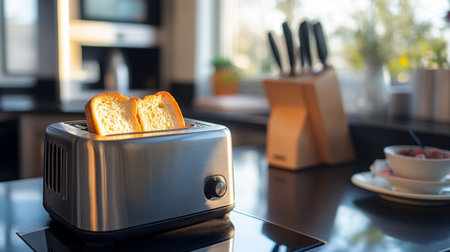 A modern stainless-steel toaster with golden-brown toast popping up, set on a kitchen countertop.の素材