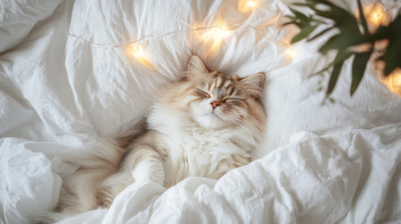 A fluffy Persian cat napping on a white duvet, surrounded by cozy home decor.の素材