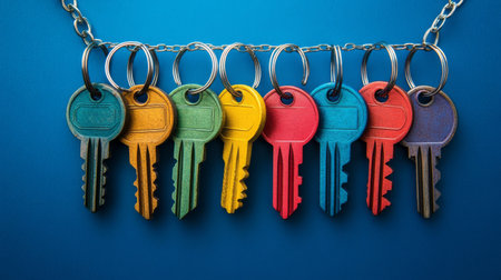 A set of colorful keys hanging from a keychain, representing uniqueness and diversity.の素材