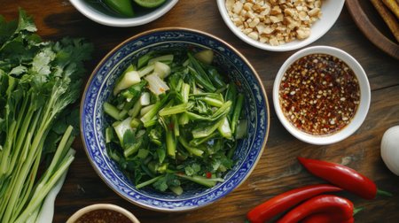 A family-style Thai meal featuring stir-fried morning glory, spicy dipping sauce, and other traditional dishes.の素材