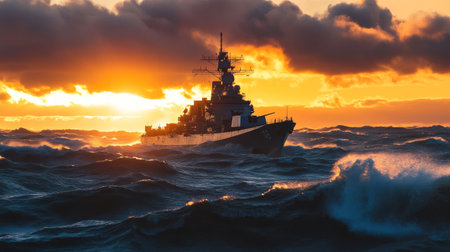 A navy battleship cutting through rough ocean waves during sunrise.の素材