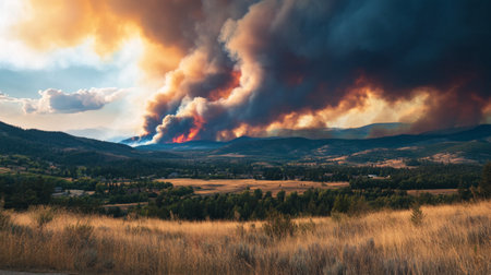 A wildfire in the distance, sending massive smoke clouds into the sky.の素材