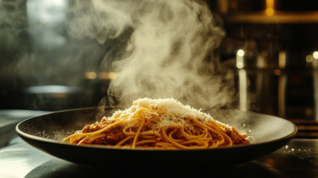 A plate of freshly cooked spaghetti bolognese, with hot steam rising and parmesan cheese sprinkled on top.の素材