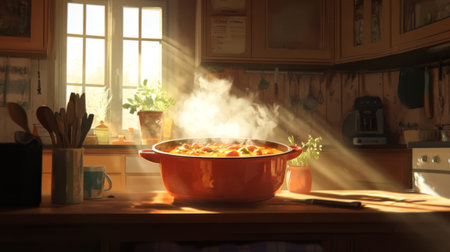 A home-cooked stew in a simmering pot, with steam rising as the rich aroma fills the cozy kitchen.の素材