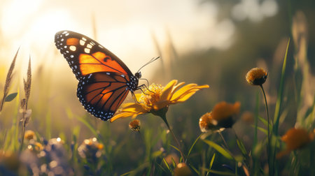 A vibrant butterfly delicately sipping nectar from a bright yellow flower in a sunlit meadow.の素材