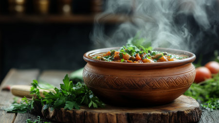 A traditional clay pot filled with steaming hot curry, placed on a rustic wooden surface with fresh herbs.の素材