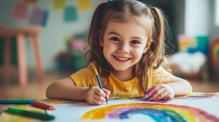 A little girl drawing a rainbow on paper, smiling with bright colors in her hands.の素材