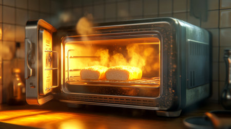 A toaster oven with the door open, revealing fresh, warm bread being toasted inside.の素材