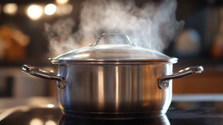 A stainless-steel pot with a glass lid, steam fogging up the surface as the dish inside simmers.の素材