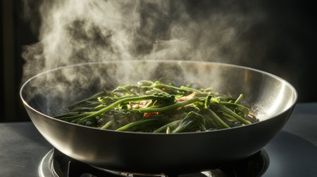 A sizzling wok filled with stir-fried morning glory, soy sauce, and crispy garlic, steaming under high heat.の素材