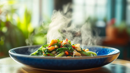 A steaming dish of stir-fried morning glory with garlic, chili, and a rich brown sauce, served on a blue ceramic plate.の素材