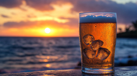 A transparent glass of beer with ice, condensation dripping down the sides, against a sunset beach backdrop.の素材
