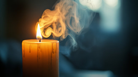 Smoke rising from a freshly extinguished candle, delicate wisps swirling in the air.の素材