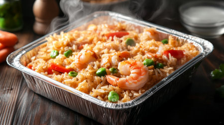A takeaway container of steaming hot fried rice with shrimp, egg, and vegetables.の素材