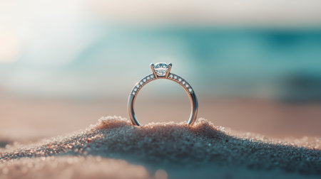 A creative shot of a diamond ring half-buried in sand on a beach, with gentle waves in the background, symbolizing love and the journey of life.の素材