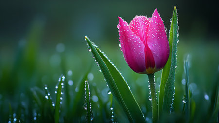 A serene composition of dewy grass blades surrounding a single pink tulip, with glistening droplets reflecting light, creating a tranquil and fresh morning scene.の素材