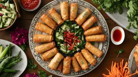 A top-down view of a colorful assortment of spring rolls on a decorative plate, surrounded by dipping sauces and fresh vegetables.の素材