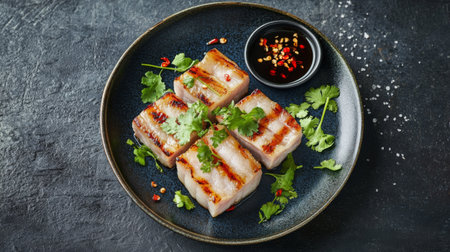 A vibrant plate of grilled pork belly slices, garnished with fresh herbs and chili, served with dipping sauce on a textured surface.の素材
