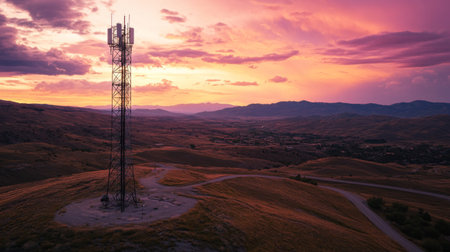 A wide-angle view of a cell phone tower located on a hilltop, surrounded by scenic views, showcasing the tower's height and its role in enhancing connectivity.の素材