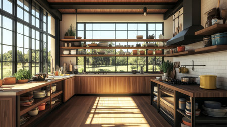 A spacious kitchen with large windows allowing natural light to flood in, highlighting the open shelves filled with colorful dishes and cookware.の素材