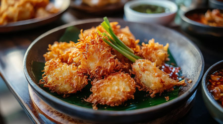 A close-up of crispy  being served straight from the pan onto a plate, highlighting the texture and inviting golden color of this Thai delicacy.の素材
