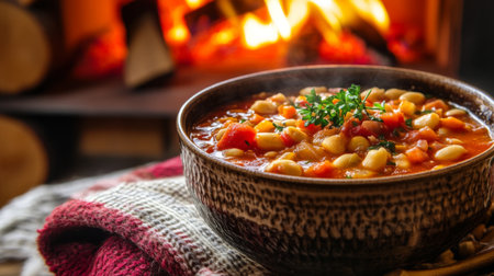 A cozy winter scene with a bowl of minestrone soup served next to a warm fireplace, creating a comforting and inviting atmosphere for enjoying hearty meals.の素材