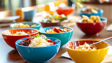A vibrant dining table set with multiple bowls of , accompanied by traditional Thai condiments, showcasing the inviting atmosphere of a family meal.の素材