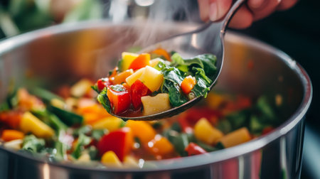 A close-up of a ladle scooping minestrone from a pot, with colorful vegetables and pasta visible, emphasizing the freshness and wholesome ingredients of the dish.の素材