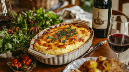 An elegant dining table set with a serving dish of baked polenta topped with cheese and herbs, surrounded by a fresh salad and a bottle of red wine, creating a cozy atmosphere.の素材