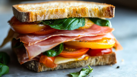 A close-up of a delicate sandwich made with crusty bread, layered with Prosciutto di Parma, fresh basil, and heirloom tomatoes, showcasing fresh and flavorful ingredients.の素材