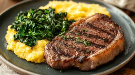 A vibrant plate of bistecca served with a side of creamy polenta and sauted greens, showcasing the rich flavors and beautiful presentation of a traditional Italian meal.の素材