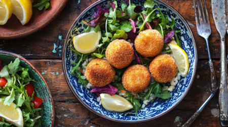 A vibrant overhead shot of arancini served with a fresh salad and lemon wedges, emphasizing the colorful presentation and inviting nature of this Italian comfort food.の素材