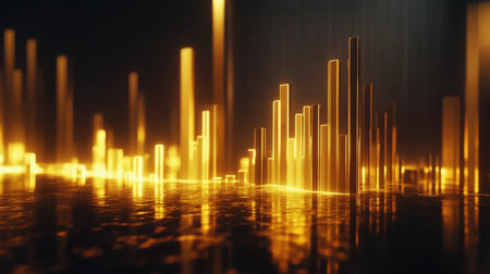 A shining D golden bar chart representing the increase in gold prices, set against a dark professional background.の素材
