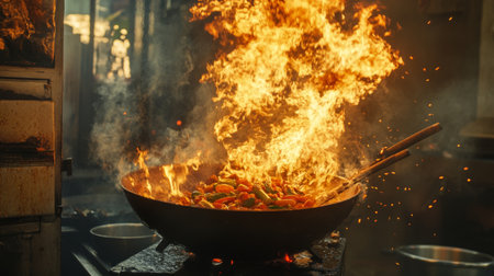 A Thai street food stall preparing flaming hot morning glory stir-fry, with a wok engulfed in fire.の素材