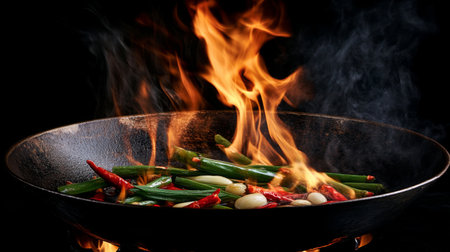 A wok filled with stir-fried morning glory, garlic, and red chili, flames rising as it cooks over high heat.の素材
