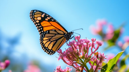 A monarch butterfly gracefully perched on a blooming pink flower, collecting nectar under a clear blue sky.の素材