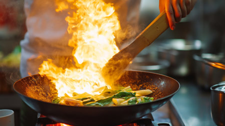 A chef expertly flipping morning glory in a flaming wok, capturing the dramatic cooking process.の素材