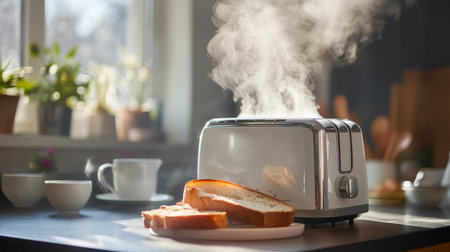 A toaster on a breakfast table, with steam rising from freshly toasted bread.の素材