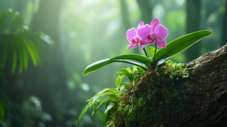 A beautiful orchid blooming on the trunk of a moss-covered tree in a tropical forest.の素材