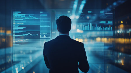 A businessman analyzing financial bar graphs on a transparent touchscreen interface.の素材