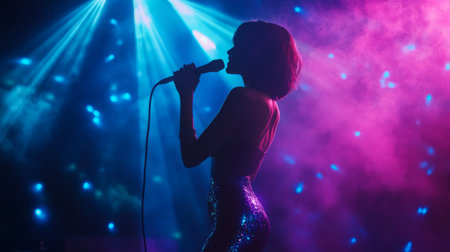 A female singer passionately holding a microphone, singing on stage under vibrant blue and purple lights.の素材