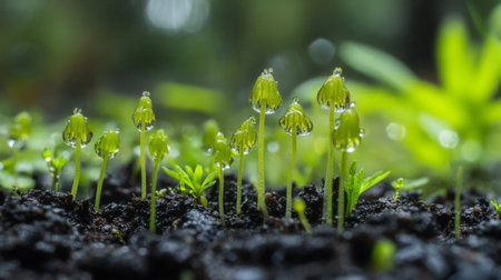 A cluster of wild mushrooms sprouting from damp forest soil, covered in morning dew.の素材
