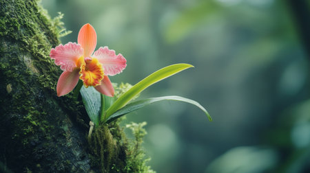 A beautiful orchid blooming on the trunk of a moss-covered tree in a tropical forest.の素材